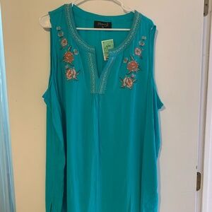 Women's 2X Teal Gauze Embroidered Sleeveless V-Neck Tunic